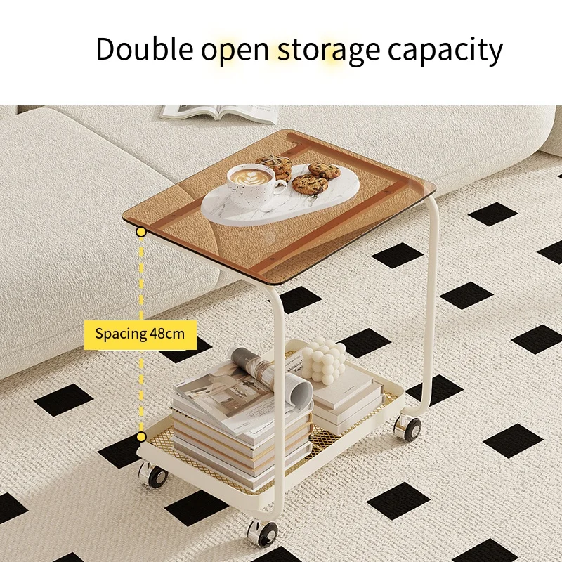 Modern Cream Marble Side Table C-Shaped Edge Small-Sized Movable Coffee Table Simple Bedside Furniture with Metal Base