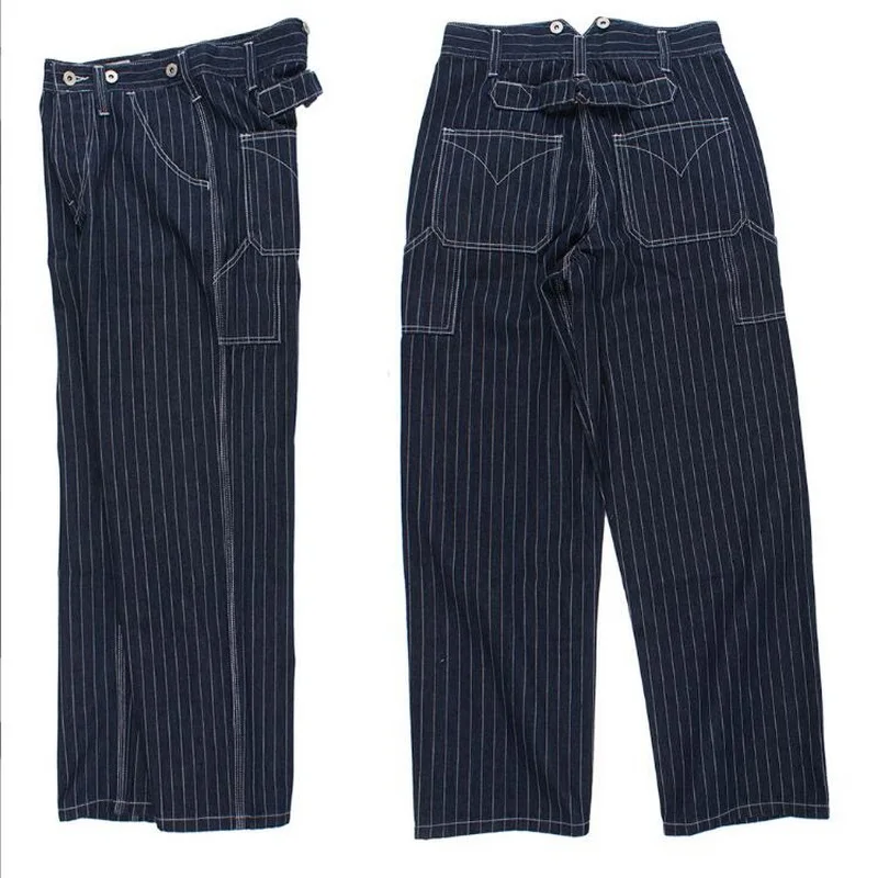 Men Striped Jeans Loose Railway Work Overalls Pants Strap Denim Pants Wide Leg Stripe Pants 3