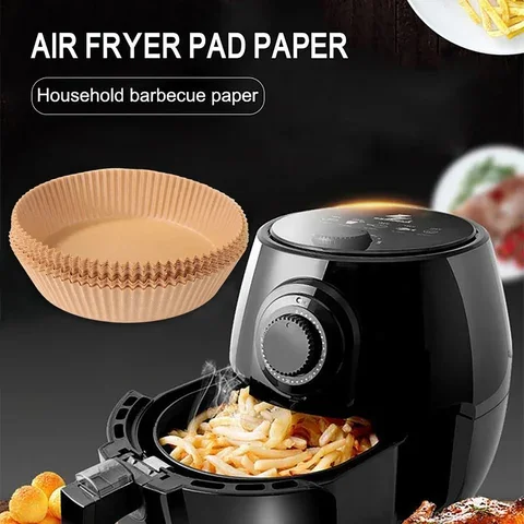 

50 x Air Fryer Liners Disposable Paper Food Grade Non-Stick Mat Wood Pulp Steamer Round Paper Kitchen Baking Cooking Round Paper