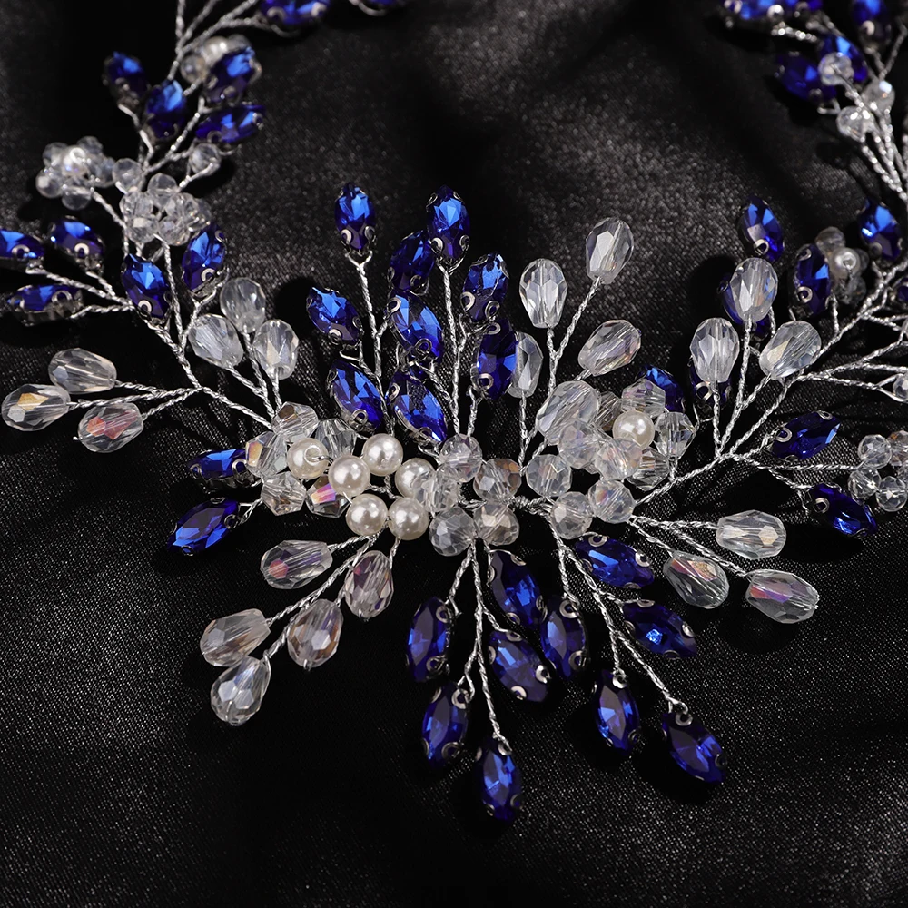 Rhinestone Headband for Wedding Headpiece Handmade Pearl Crystal Bridal Hair Jewelry Headwear Blue Hair Accessories Tiara