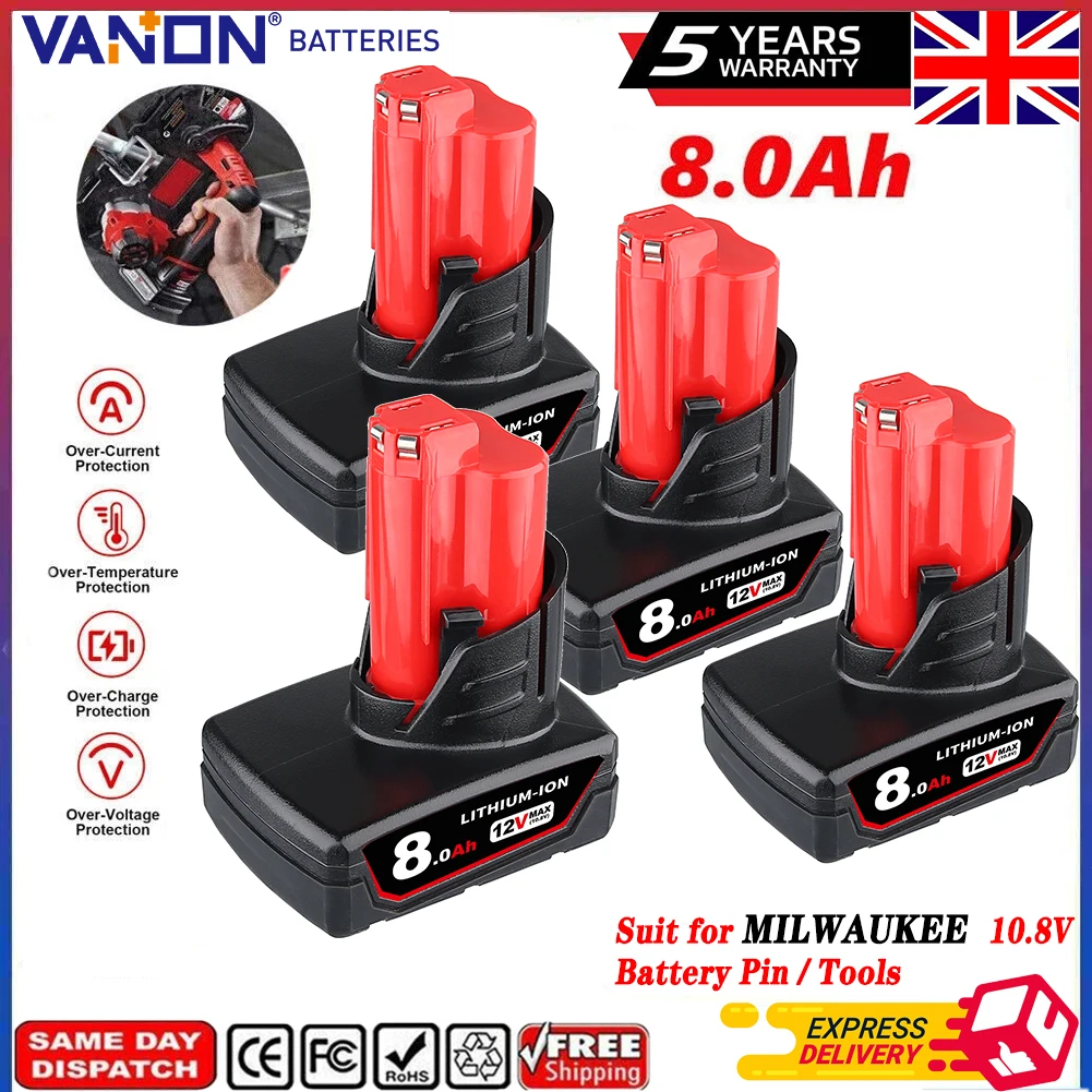 VANON 4Pack 8.0Ah M12 Replace for Milwaukee 12V Battery Pin Compatible with Milwaukee Power Tools & 59-1812 Charger