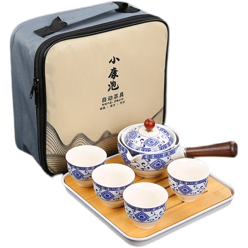 Chinese Porcelain Gongfu Tea Set Portable Teapot Set with 360 Rotation Tea Maker and Infuser Portable All in One Gift Bag
