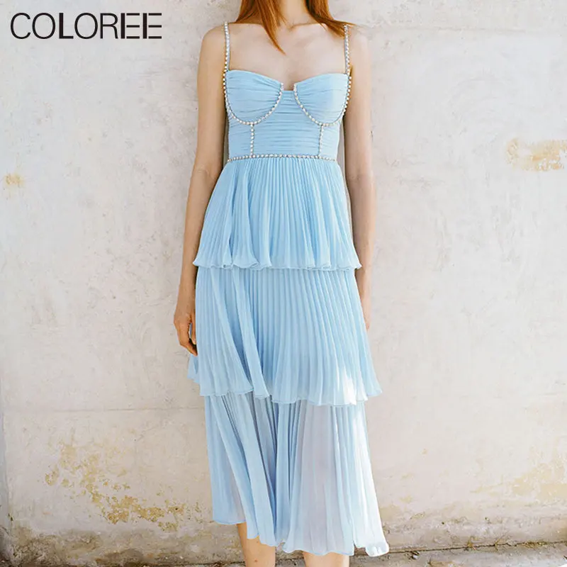 

Vacation Bohemian Elegant Ruffles Pleated Long Dress for Women Sexy Spaghetti Strap Beading Maxi Summer Dresses 2023
