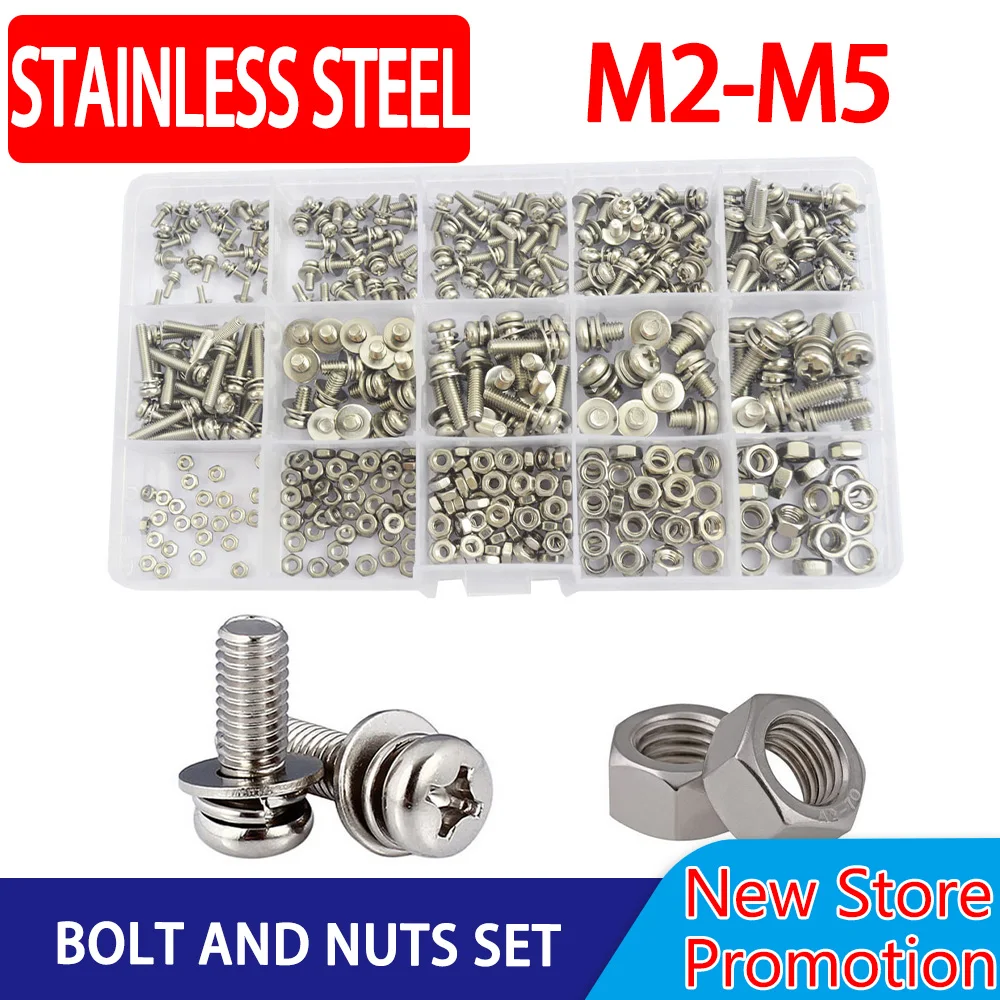 

M2 M2.5 M3 M4 M5 Bolt Nut Set Stainless Steel Phillips Pan Head Machine Screw Metric Thread Combination Washer Assortment Kit