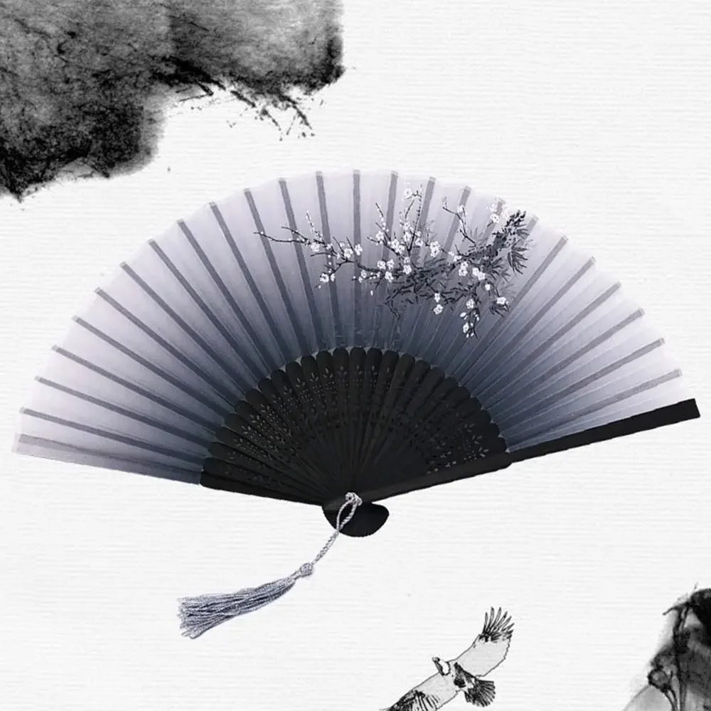Elegant Vintage-Style Bamboo Silk Hand Fan with Colorful Tassel