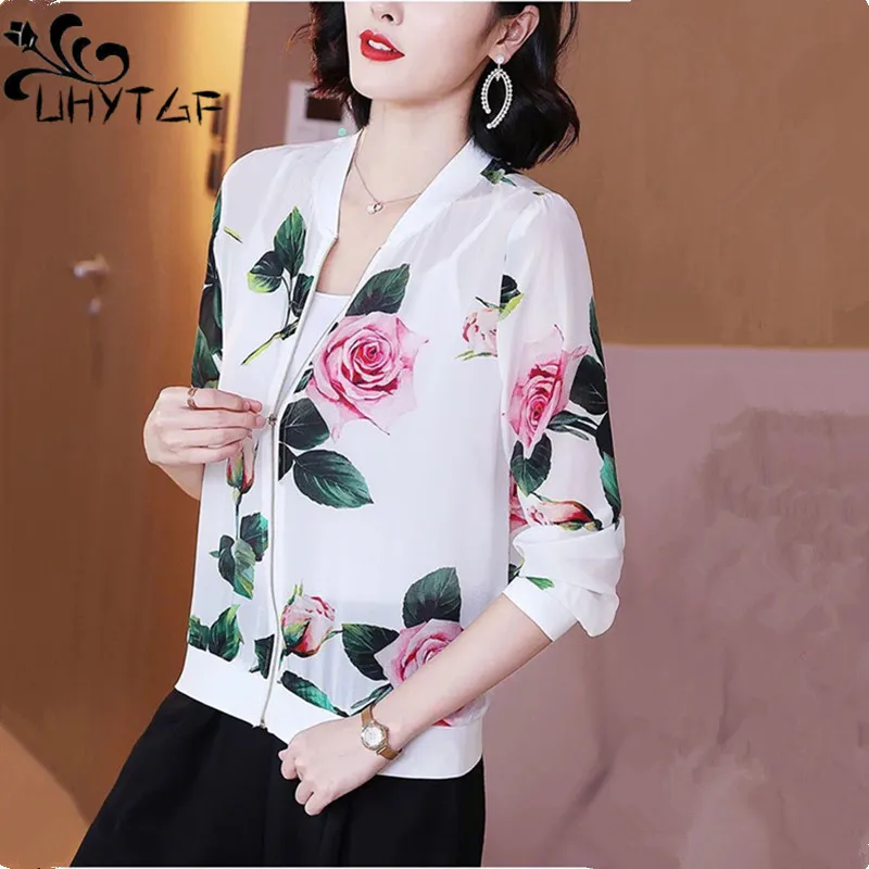 

UHYTGF 5XL Chiffon Sunscreen Shirt Women Long Sleeve Print Summer Jacket Female Zipper Cardigan Thin Coat Ladies Short Tops 2606