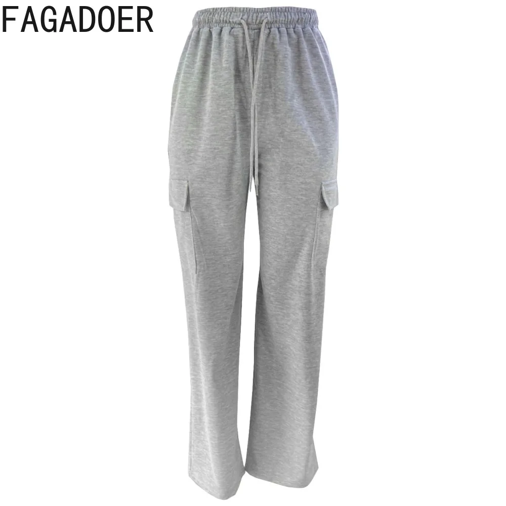 FAGADOER Autumn Casual Solid Color Pocket Jogger Pants Women High Waisted Drawstring Sweatpants Female Sporty Trousers Bottoms