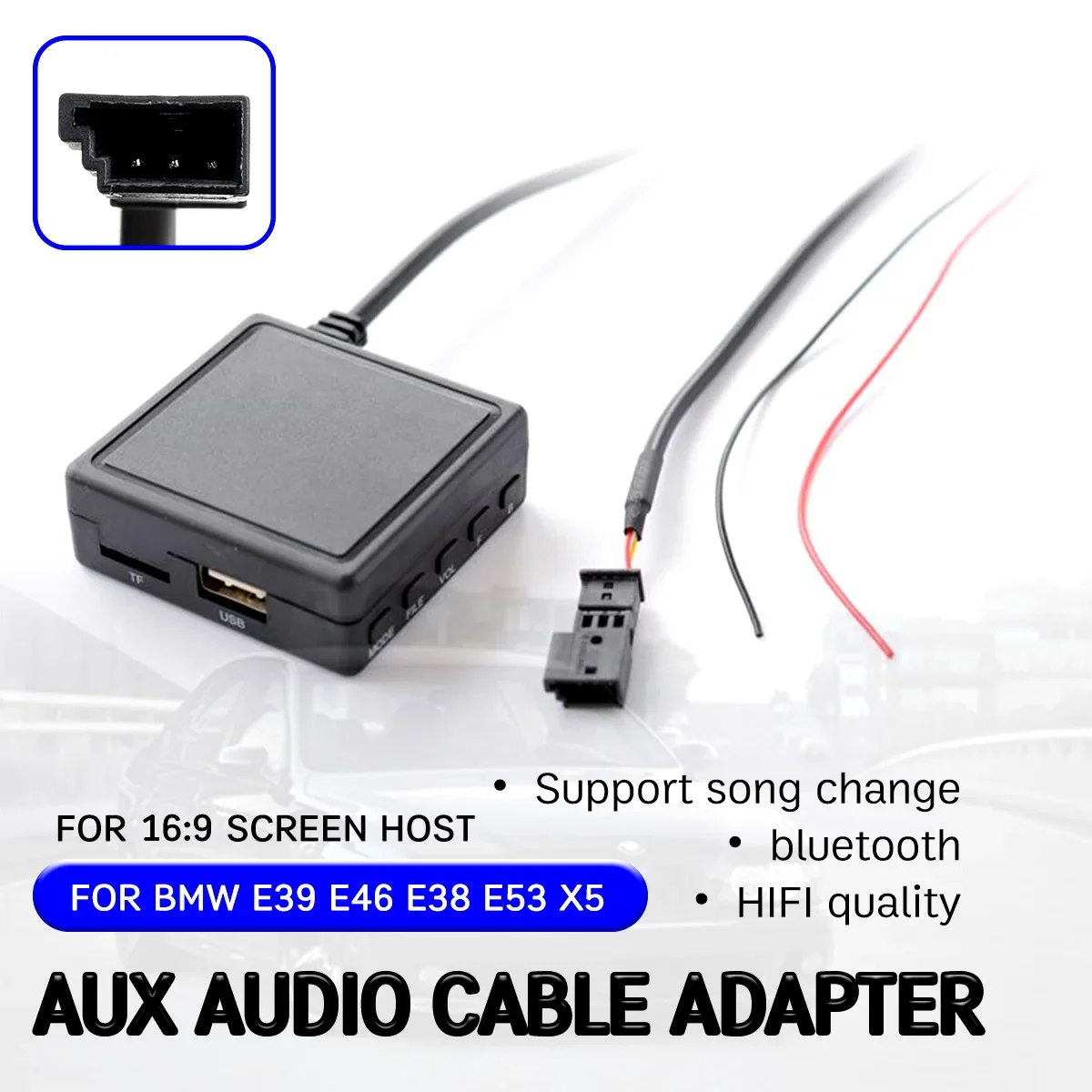 BMW E46 E39 E53 X5 블루투스 Aux 수신기 케이블 (USB 포함), 마이크 핸즈프리 Aux 어댑터 (16:9 대형 스크린 헤드 유닛 용)
