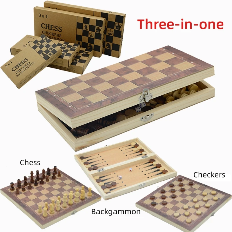 

3 in 1 Chess Board, Folding Wooden Portable Chess Game Board, Wooden Chess Board for Adults(Chess + Checkers and Backgammon)