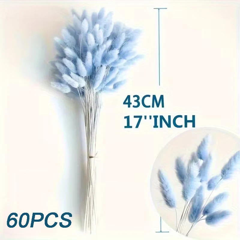 60pcs Sky Blue Dried Flower Bouquet Bunny Tail Pampas Grass Decorated Bohemian Style Birthday Wedding Party Decorative Bouquet