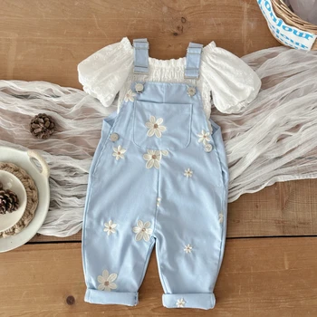 Summer Baby Suspender Pants Boys Girls Sleeveless Flower Embroidery Loose Overalls Romper Kids Jumpsuits with Pockets