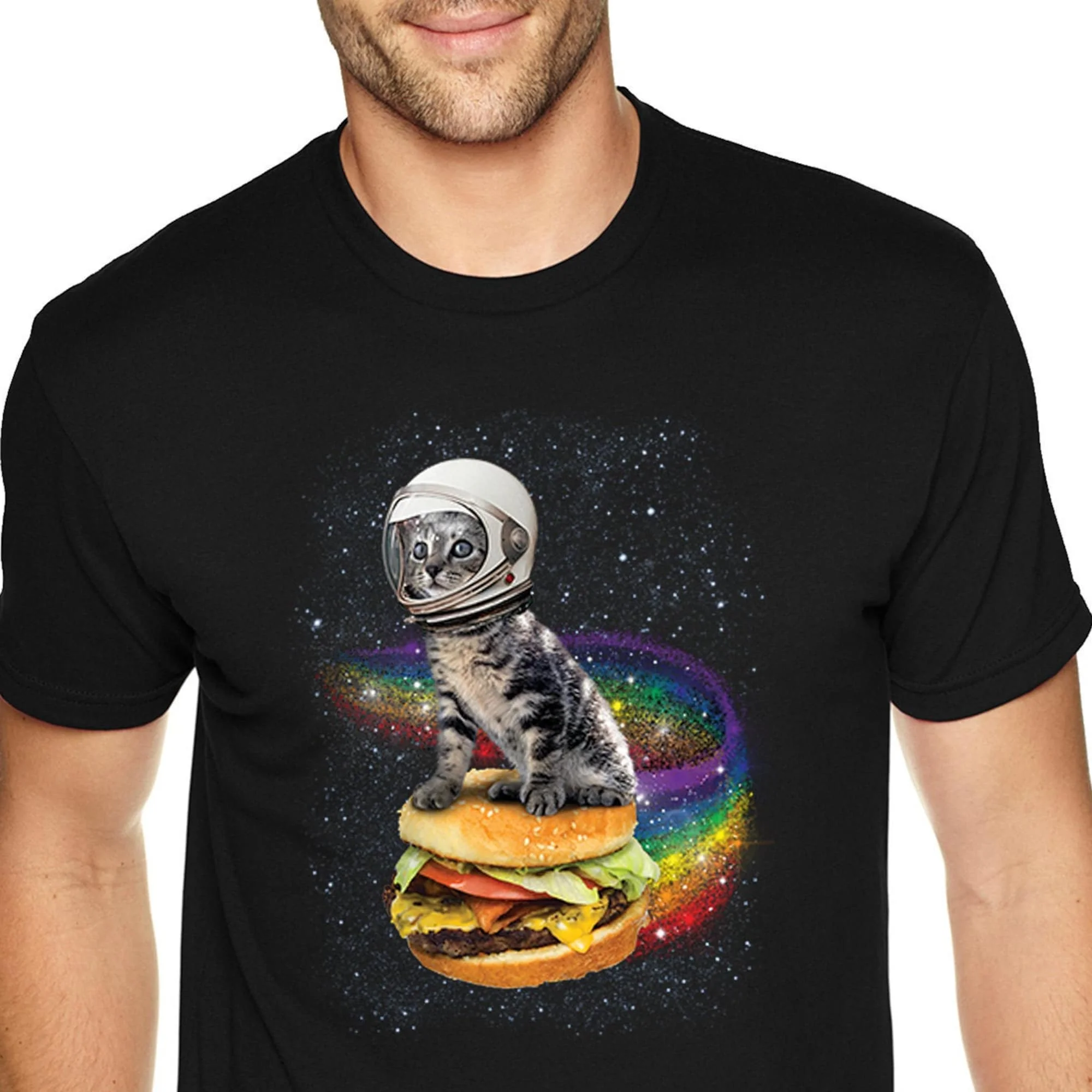 Maglietta Da Uomo Rainbow Burger Cat Space Galaxy Pet Astronaut Animal Cheeseburger Alien Ufo Mars Moon Rocket Ship Girocollo