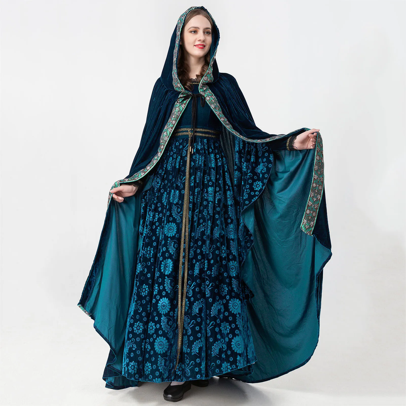 

Ladies Medieval Renaissance Retro Holiday Gothic Dress Floral Printed Tunic Waist Patchwork Long Sleeve Party Vestido