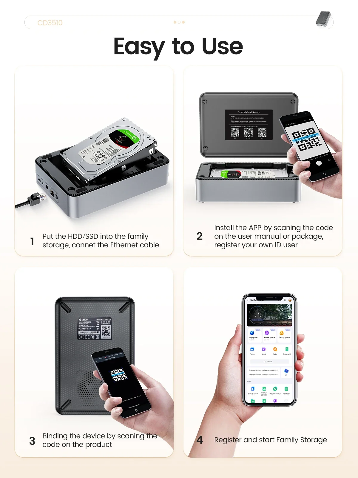 ORICO External Hd 3.5" Type-C Port NAS Automatic Backup Remote Access Share for PC Phone