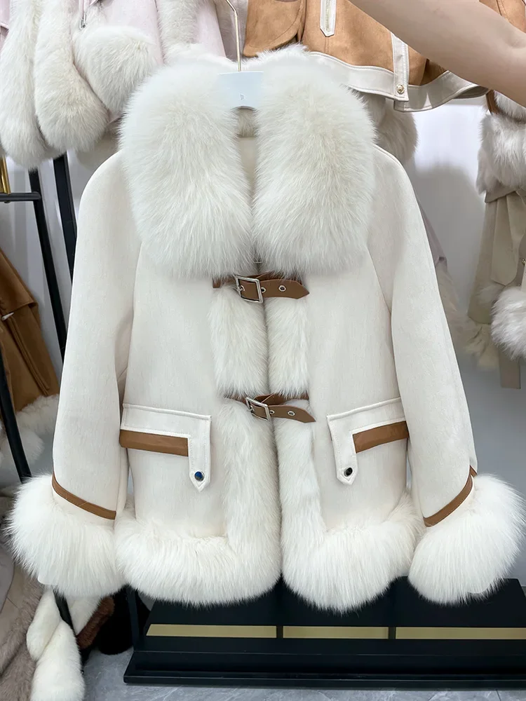 

2023 New Fashion Winter Natural Fox Fur Collar Goose Down Coat Womens Suede Loose Luxury Puffer Jackets Clothing