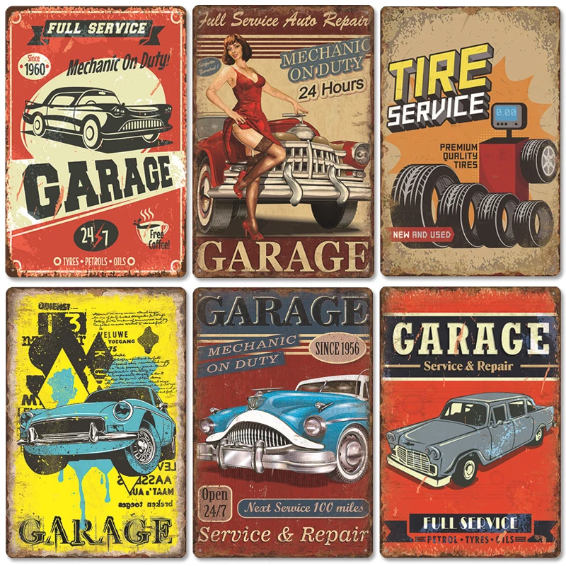 

Garage Poster Metal Tin Sign Plaque Vintage Car Wash Tire Service Retro Metal Signs Garage Car Repair Man Cave Wall Art Decor