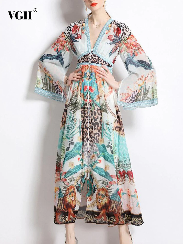 

VGH Hit Color Patchwork Button Vintage Dress For Women V Neck Flare Sleeve High Waist Temperament Slimming Dresses Female New