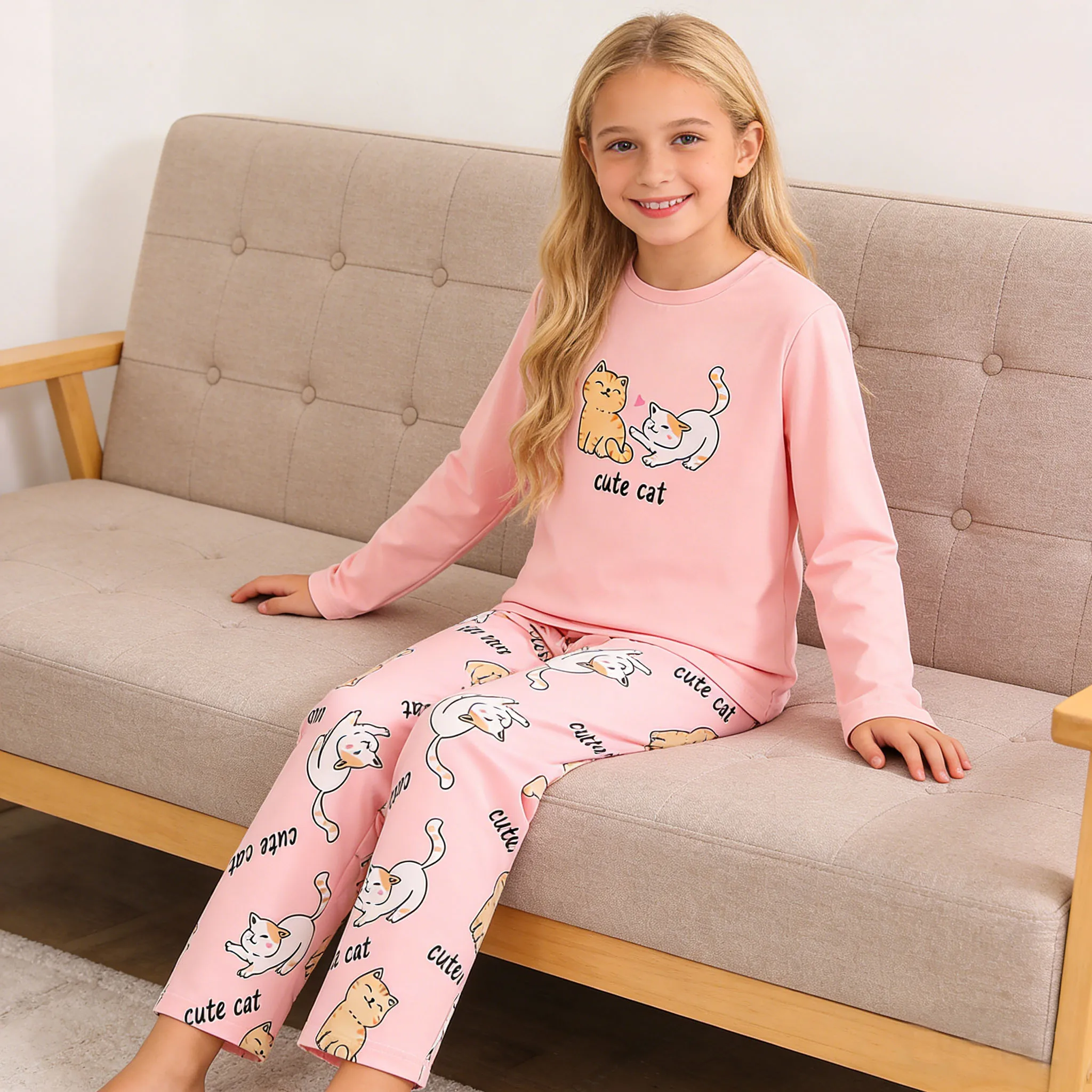 여아 잠옷, 홈웨어 세트, 봄, 가을 캐주얼 귀여운 고양이 긴팔 상의와 바지, 데일리 홈웨어에 적합