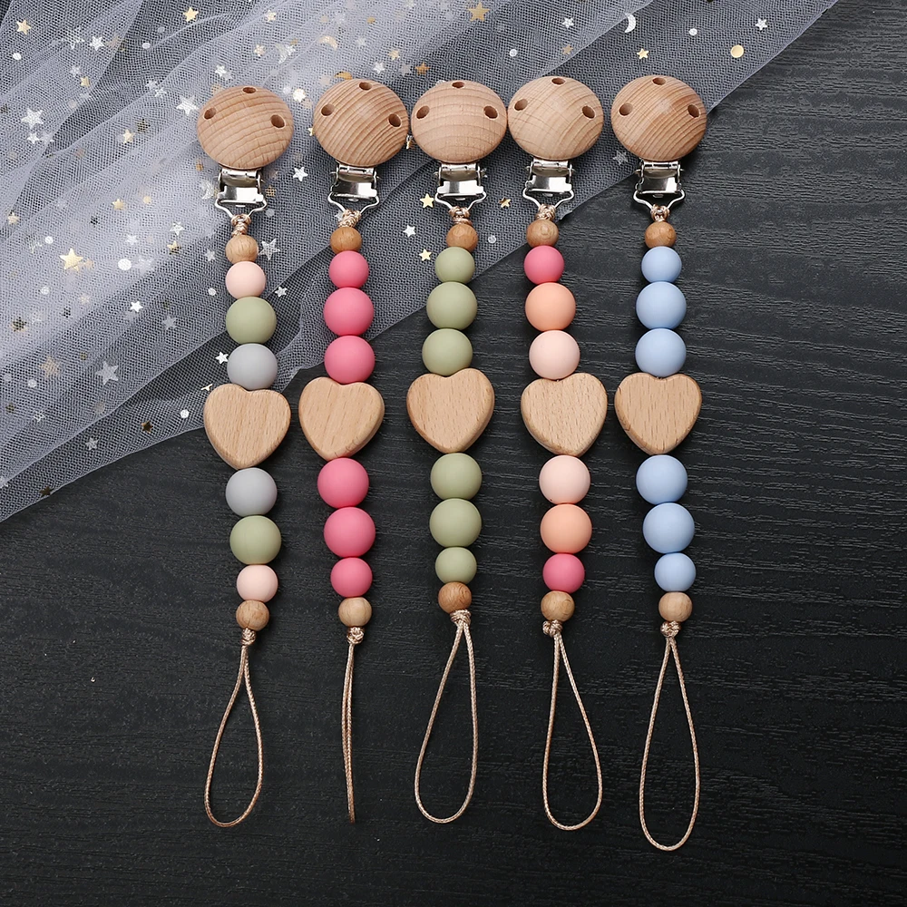 Beech Wooden Heart Beads Baby Pacifier Chain Clip Silicone Beads Dummy Nipple Holder Teether Pendant for Newborn Toys Gift