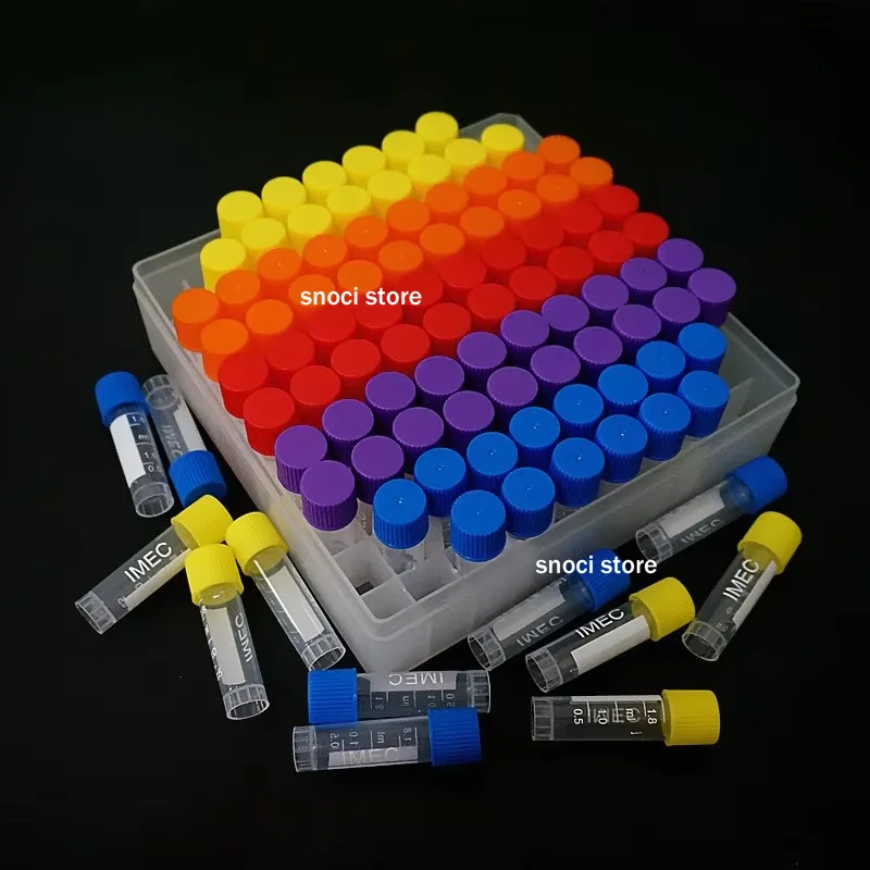 100 Stück 1,8 ml Kunststoff-Fläschchen mit Graduierung, Probenflaschen-Aufbewahrungsbehälter, Röhren mit Schraubverschluss, Röhrenaufbewahrungsbox für Experimente – Detail 1