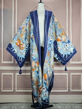 Summer European Fashion Lady Beach Cotton Printed Long Cardigans Oversized Muslim Ramadan Kimonos African Femme Swimwear Clothes