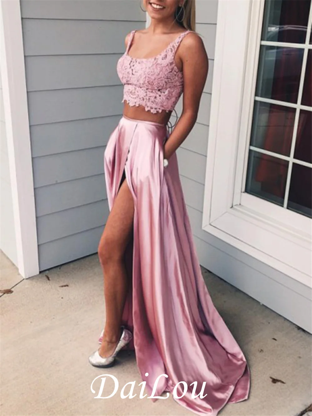 

Платье на бретельках с кружевными карманами и разрезом спереди из двух частей выпускное платье без рукавов с аппликацией ТРАПЕЦИЕВИДНОЕ платье для выпускного вечера