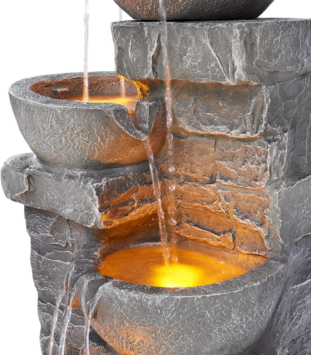 Home 33.25 in. Cascading Bowls and Stacked Stones LED Outdoor Water Fountain for Gardens