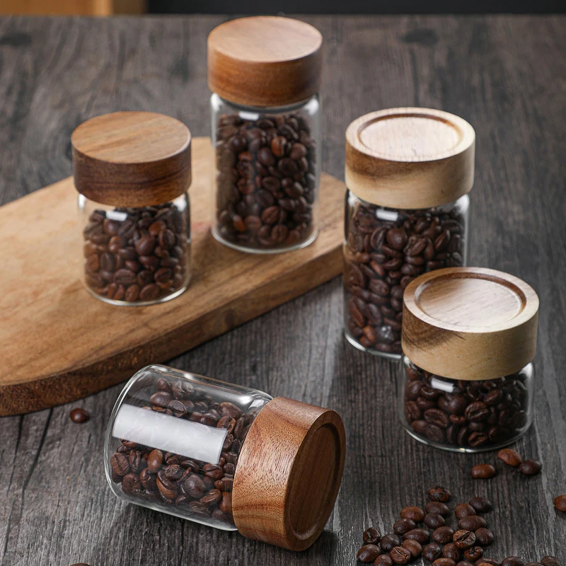 Glass Storage Jar Glass Storage Container Kitchen Storage Bottles Jar Wood Lid Glass Airtight Canister Sealed Food Container Tea Coffee Beans Grains Candy Jars Organizer