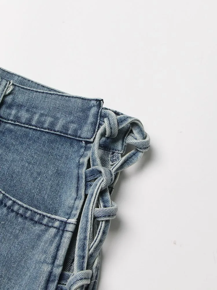 KBQ Hollow Out Spliced Lace Up Shorts For Women High Waist Patchwork Pockets Sexy Denim Short Trousers Summer Fashion Style New