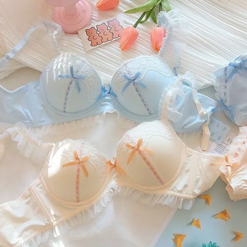 Pink Lace Japanese Style Bra and Panty Sets for Women Lingerie Sexy Bow