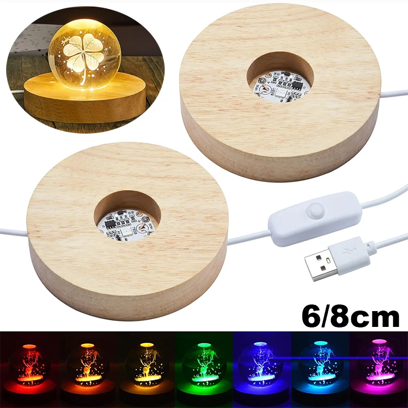 1/4pcs LED 나무 라운드 조명 기본 조정 가능한 색상 홈 조명 3D 크리스탈 유리 수지 아트에 대 한 디스플레이 스탠드 변경