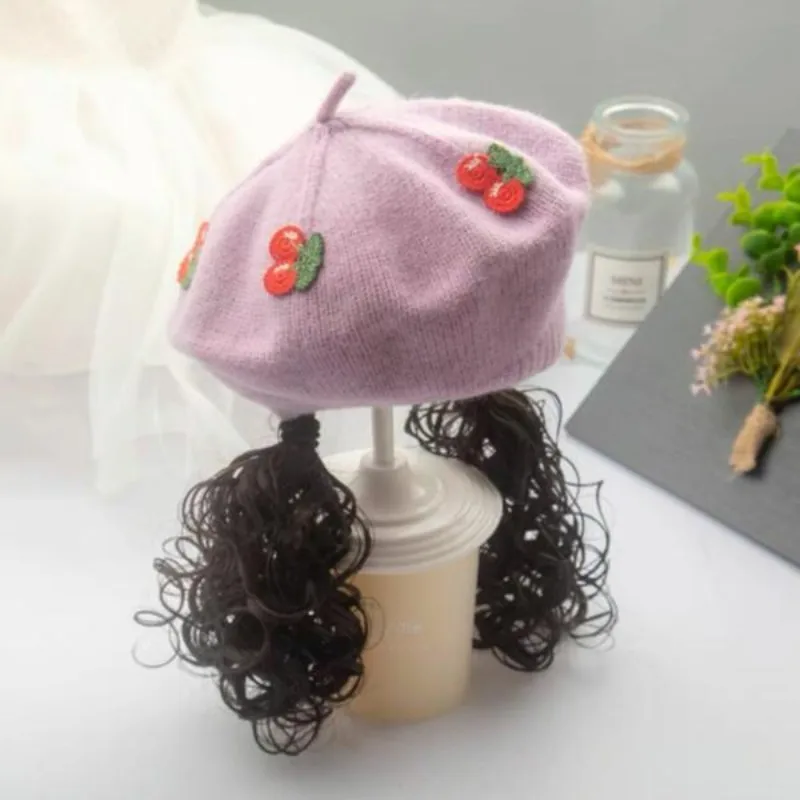Kid Girls Knit Beret Hat Long Hair Braid Cap Daily Synthetic Children Baby Hats Winter Warm Outdoor