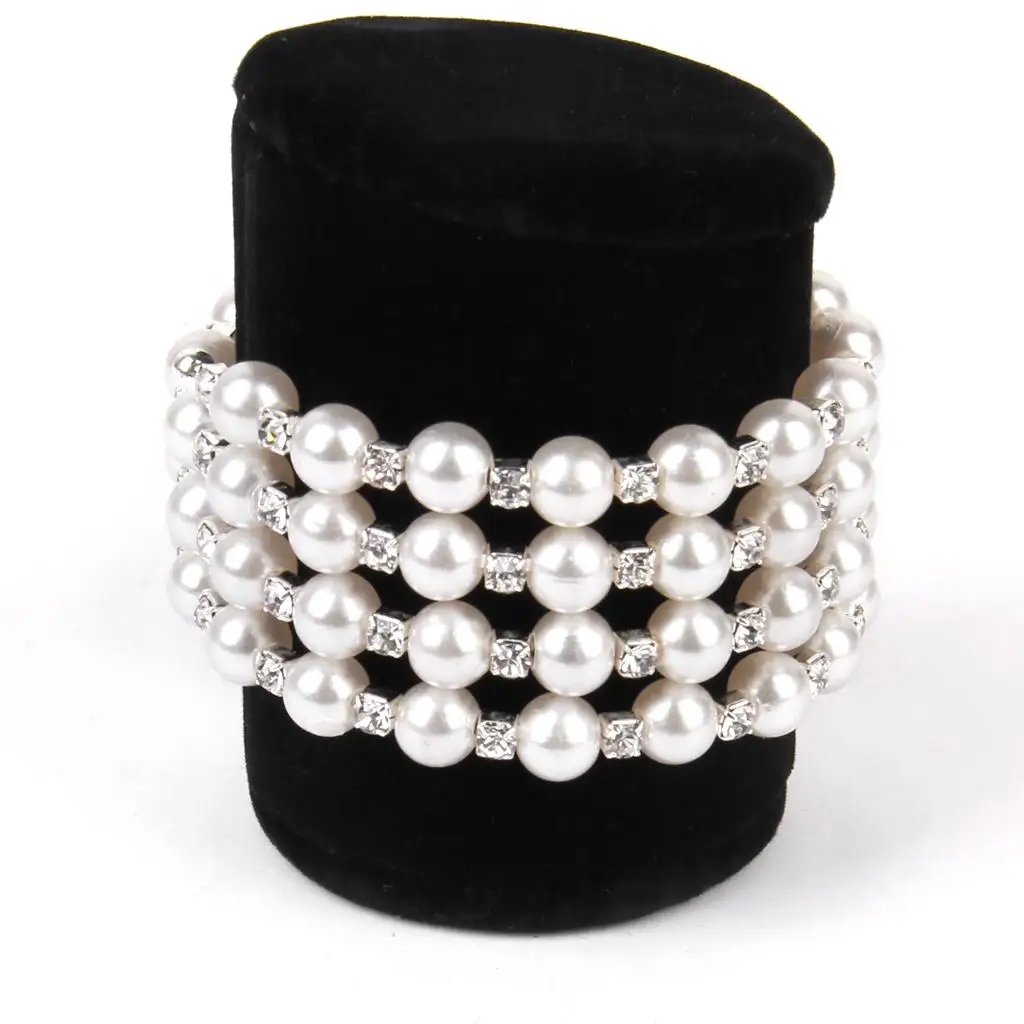 

2 Cuffs Pearl Bride Bracelet Elastic Bracelet Rhinestone Crystal