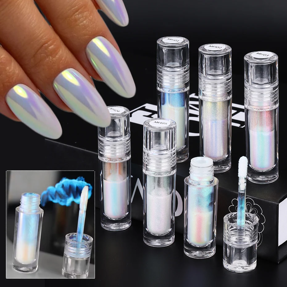 6 Colori Aurora Metallic Liquid Nail Glitter Set Small Tube Moonlight Glossy Chrome Pigment Powder Professional Salon Manicure