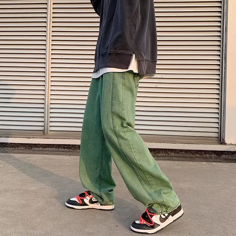 Cargo Jeans Men\'s New Hong Kong Style Trend Street Baggy Green Denim Trousers Wide Leg Casual Fashion Green Male Pants
