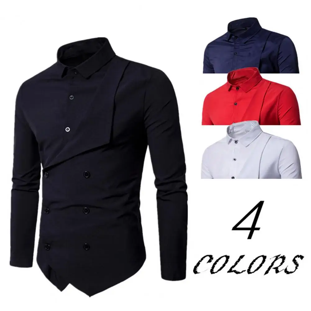 

Men Autumn Winter Solid Color Chef Shirt Double Breasted Lapel Fake Two Pieces Design Slim Fit Work Shirt Workwear Male Clothing