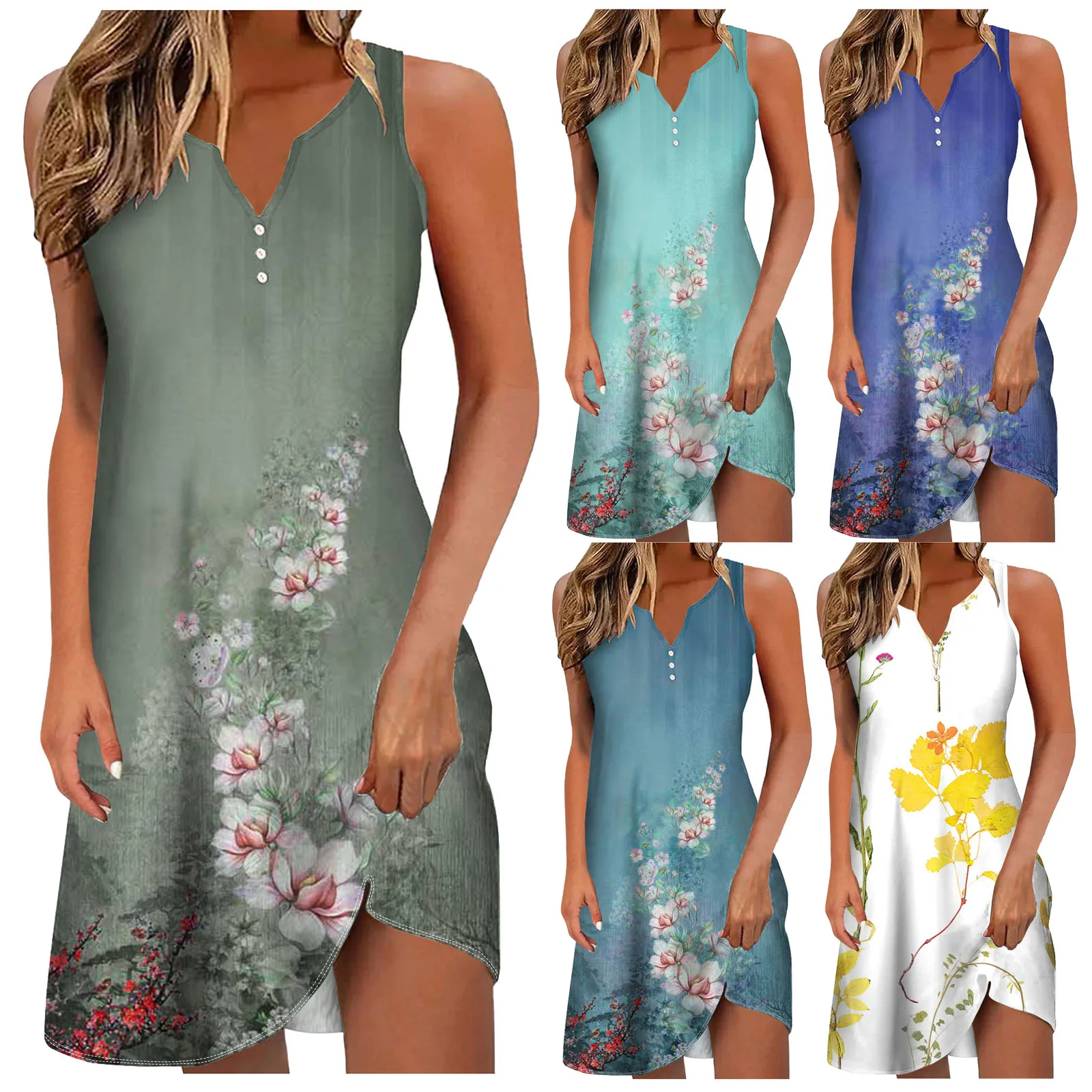 

Womens Summer Dress Casual Button Down V Neck Sleeveless Boho Floral Printing Beach Dress Sundress Womens Long Casual Dresses