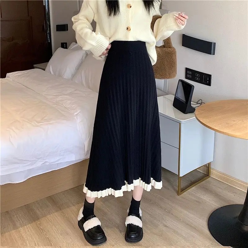 Mid-length Knitted Skirts Women Fall Winter Korean New High Waist Loose Ruffles Patchwork Black Skirts 2023