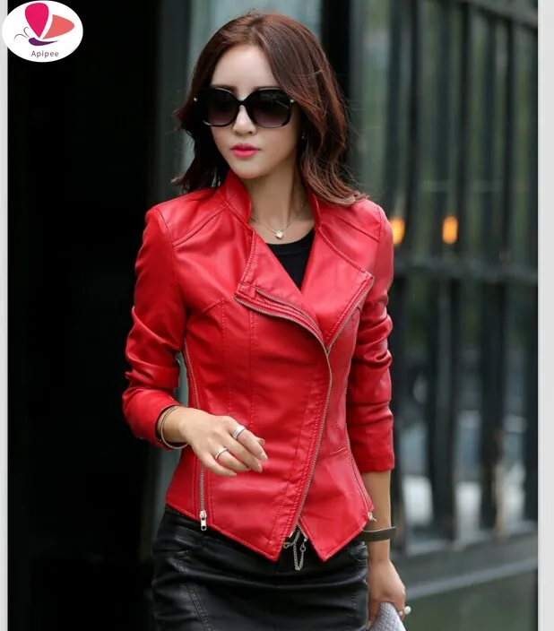 

Motorcycle Leather clothing female spring and autumn slim women leather jacket brief short casual leather coat S-4XL