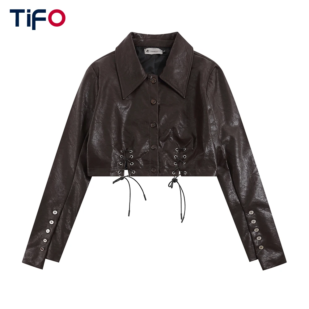 

Hotsweet Lace Up Pu Leather Jacket Women Autumn Slim Long Sleeve Button Short Outerwear