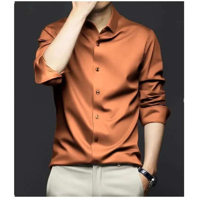 

Luxurious Men's Long Sleeve Shirt 2023 New Spring Summer Ice Silk Business Top Wrinkle-resistant Non-iron Solid Men Clothing