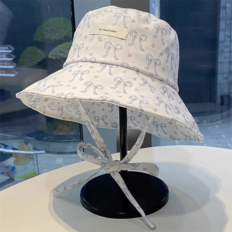 Blue bow with large brim and tied fisherman hat for women sweet