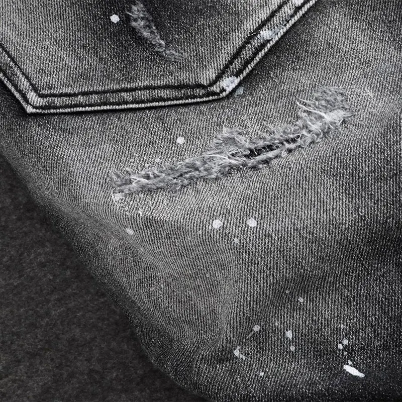 Street Fashion Men Jeans Retro Black Gray Stretch Slim Fit Painted Ripped Jeans Embroidery Patched Designer Hip Hop Brand Pants