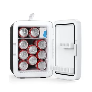 Portable 10L mini fridge for bedroom, office, dorm: black ABS plastic cosmetic cooler with AC/DC adapters, ideal for beverages, 1