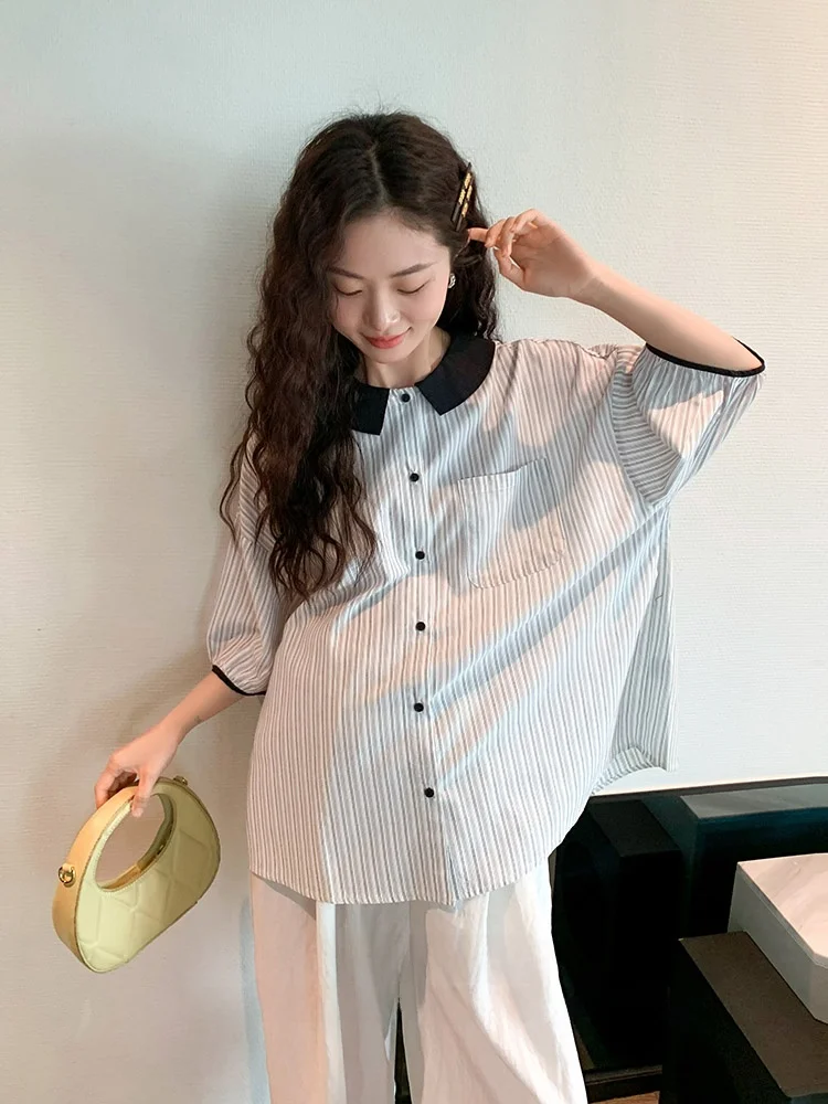 느슨한 한국 스타일 출산 셔츠 반팔 베이비 인형 칼라 스트라이프 컬러 블록 임산부를위한 여름 유행 탑