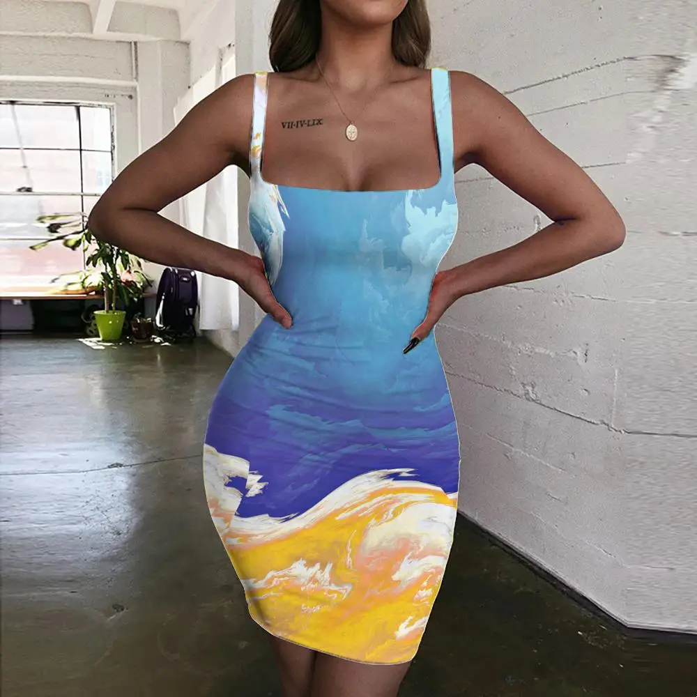 

KYKU Painting Dresses Women Colorful Vestido Sexy Clouds Bodycon Dress Harajuku Sundress Ladies Dresses Womens Clothing Club