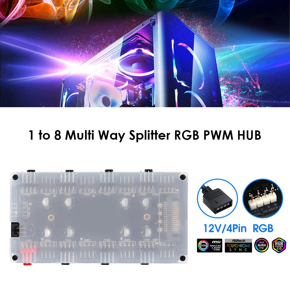 케이블 RGB 스트립 스플리터 포함 SATA 전원 공급 장치, ARGB/RGB PWM 선풍기 허브 선풍기 허브 스플리터, 12V 4 핀, 5V 3 핀, 1-8 멀티 웨이 스플리터