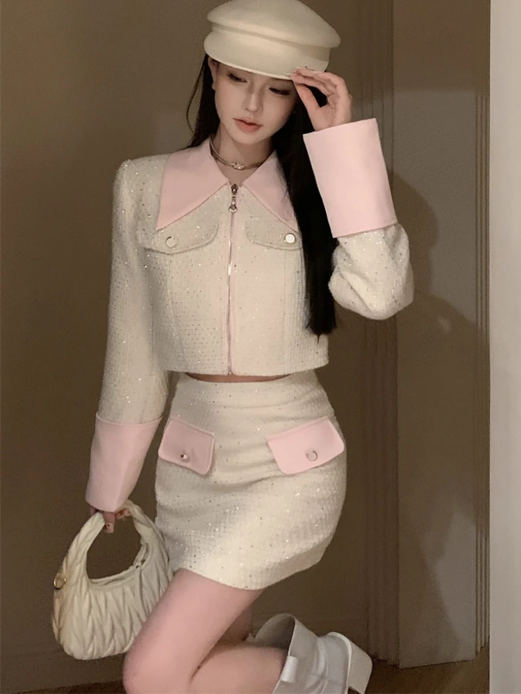 

New Casual Two Piece Set Women Patchwork Elegant Casual Mini Skirt Suit Female Korean Fashion Designer Short Zip Jacket Sequins