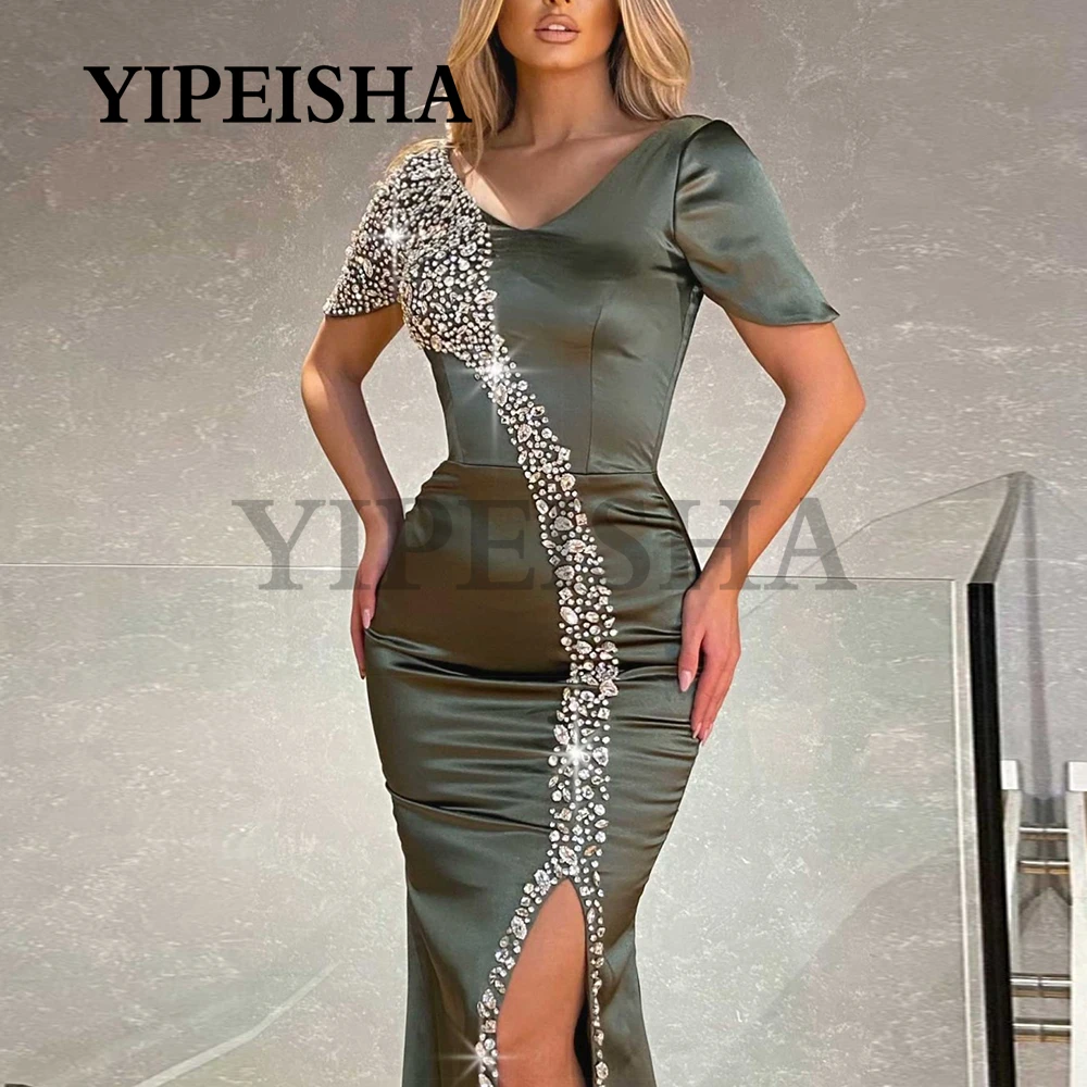 Glittery Sequined Beading Mermaid Evening Dresses Front High Split Short Sleeve vestidos de fiesta Satin Sweep Train Prom Gown Glittery Sequined Beading Mermaid Evening Dresses Front High Split Short Sleeve vestidos de fiesta Satin Sweep Train Prom Gown