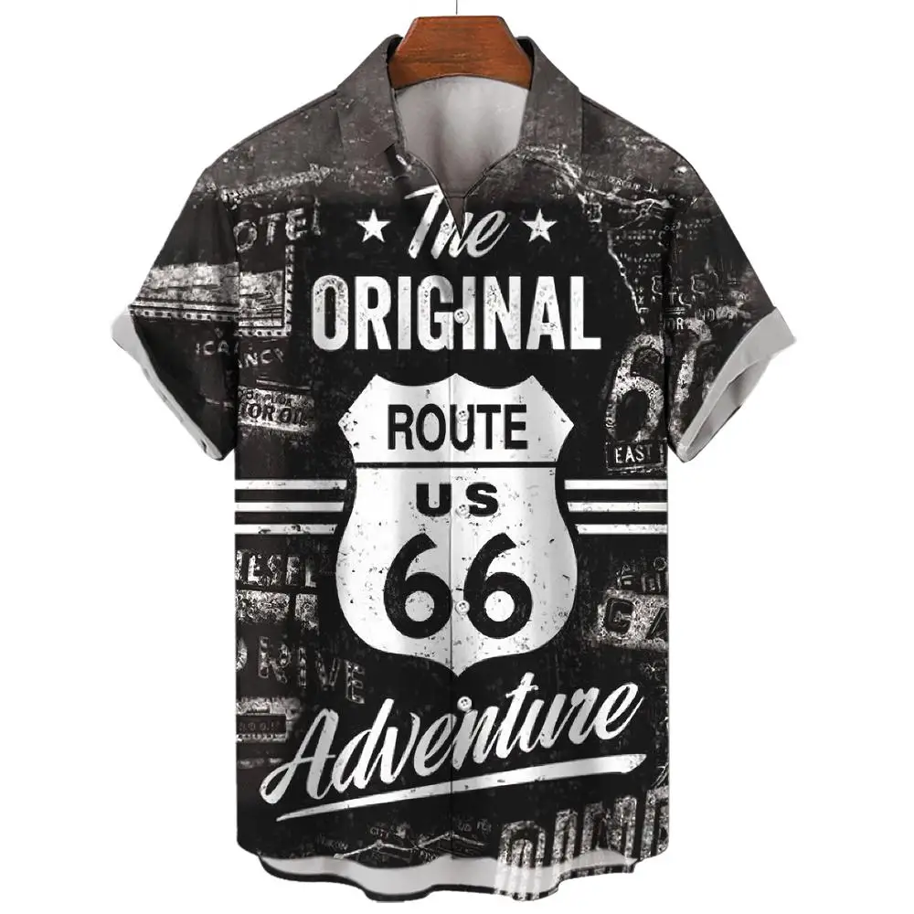 

Vintage Men's Shirts Route 66 Classic Cars Tees 3d Print Short Sleeve Top Summer Clothes Route 66 Pattern Blouse Oversized Shirt